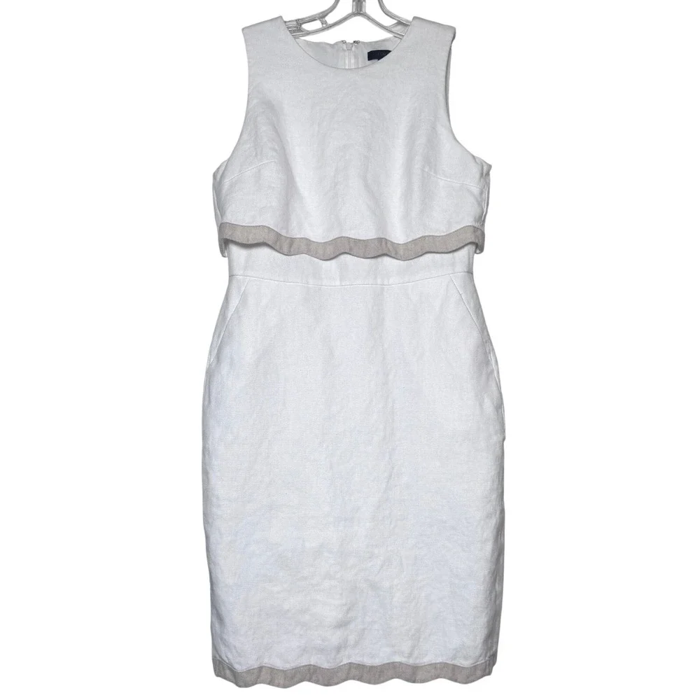 J.Crew White Linen Scalloped Tiered Sheath Dress Womens 6 Sleeveless Pockets